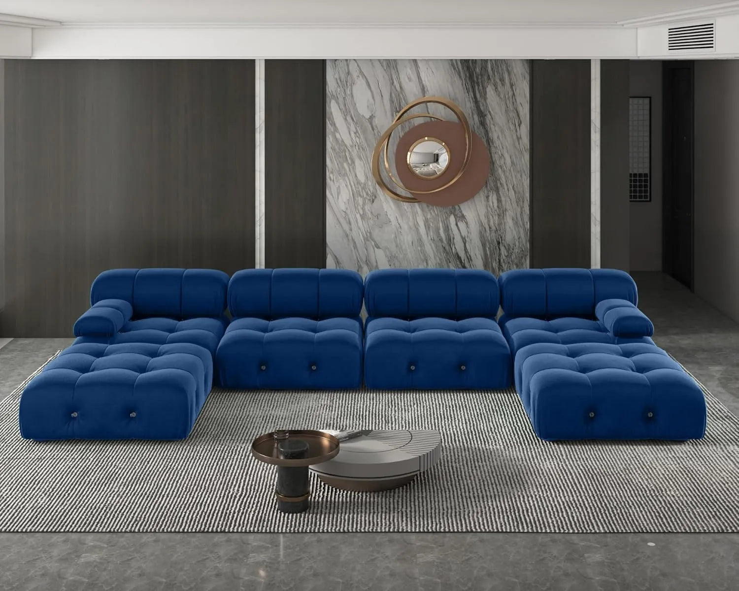 Matrix 4-Seater Blue Modular U-Shaped Sectional | 6-Piece (includes 2 Ottomans), Velvet Fabric, Roomy Layout