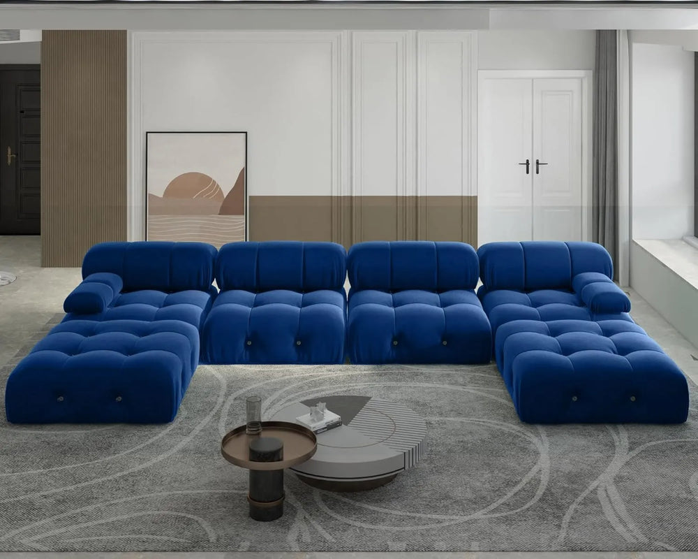 Matrix Minimalist Modular Sofas | Blue Velvet Couch Sectionals 4-seaters With 2 Ottoman