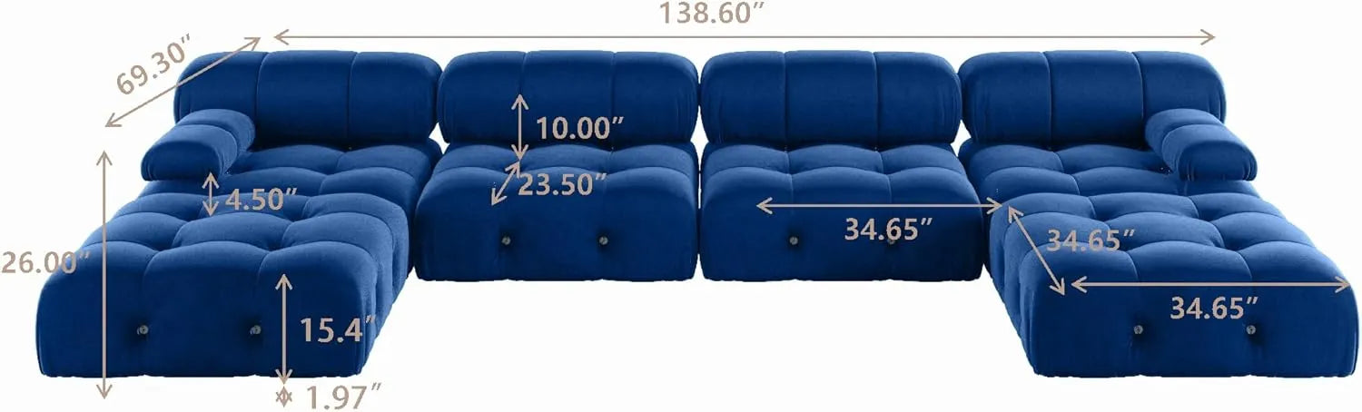 Matrix 4-Seater Blue Modular U-Shaped Sectional | 6-Piece (includes 2 Ottomans), Velvet Fabric, Roomy Layout