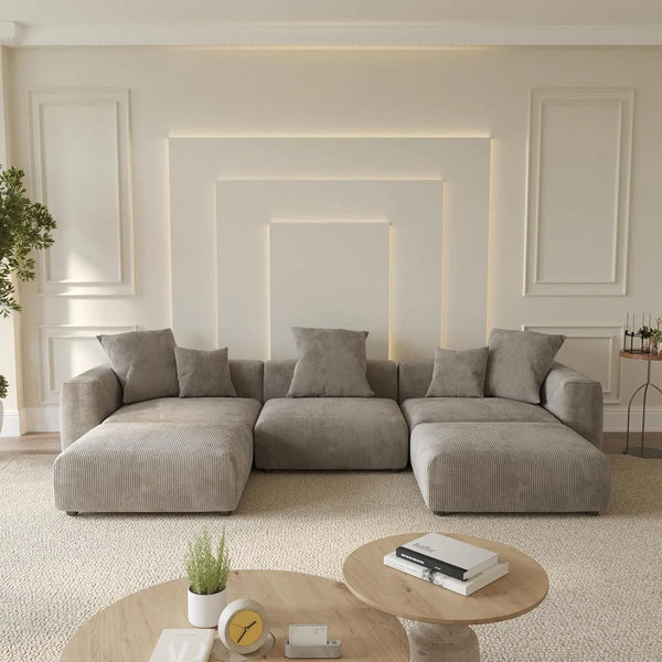 Matrix Modern Modular Sofas | 5-Piece Brown Corduroy U-Shaped Sectionals 3-seater