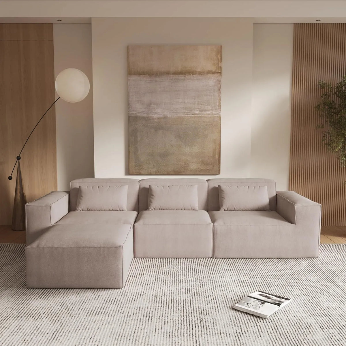 Sofá modular en forma de L Matrix de 3 plazas, color marrón | 4 piezas (incluye 1 otomana), tapizado en terciopelo Cloud, diseño espacioso.