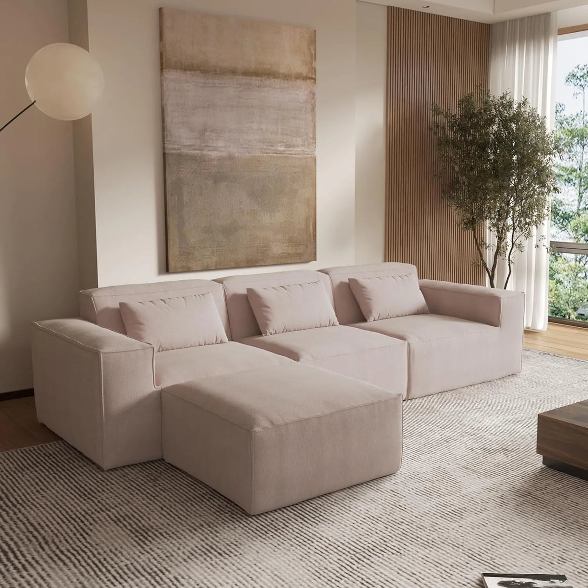 Sofá modular en forma de L Matrix de 3 plazas, color marrón | 4 piezas (incluye 1 otomana), tapizado en terciopelo Cloud, diseño espacioso.