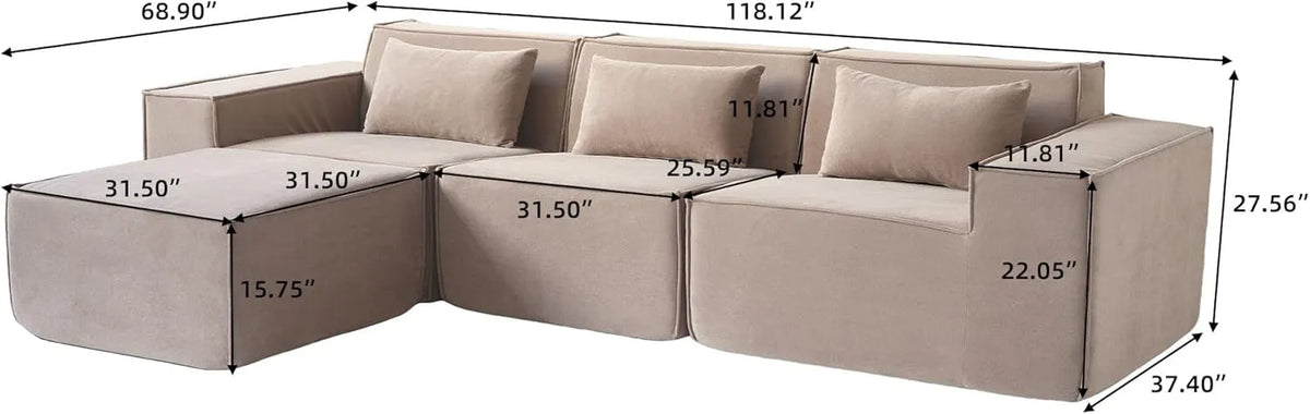 Sofá modular en forma de L Matrix de 3 plazas, color marrón | 4 piezas (incluye 1 otomana), tapizado en terciopelo Cloud, diseño espacioso.