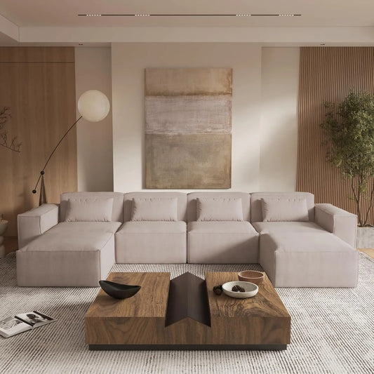 Matrix Classic Sectional Sofas | Brown Corduroy U shaped Sectionals 4-seaters With 2 Ottoman