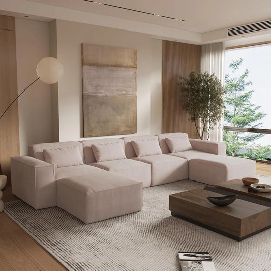Matrix Classic Sectional Sofas | Brown Corduroy U shaped Sectionals 4-seaters With 2 Ottoman