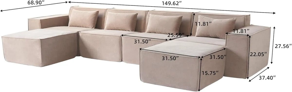 Sofá modular seccional en forma de U Matrix de 4 plazas, color marrón | Juego de 6 piezas (incluye 2 otomanas), tapizado en terciopelo Cloud, diseño espacioso.