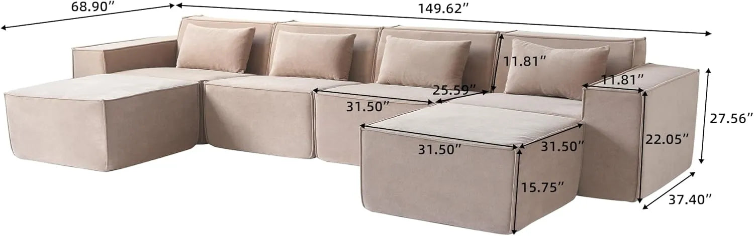 Matrix 4-Seater Brown Modular U-Shaped Sectional | 6-Piece (includes 2 Ottomans), Cloud Velvet Fabric, Roomy Layout