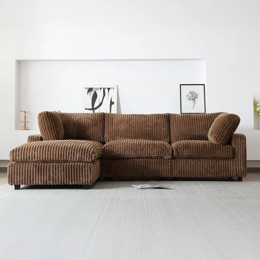 Deluxe Classic Cloud Sectional Sofas | Brown Plush Fabric Couch Sectionals 3-seaters with 1 Ottoman