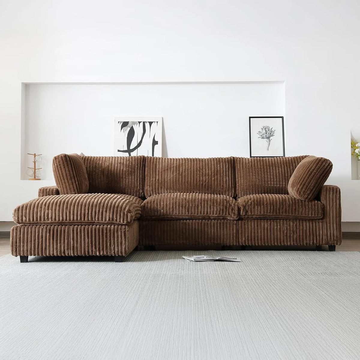 Sofá modular en forma de L Deluxe Cloud de 3 plazas, color marrón, lavable | 4 piezas (incluye 1 otomana), tejido de felpa, diseño modular