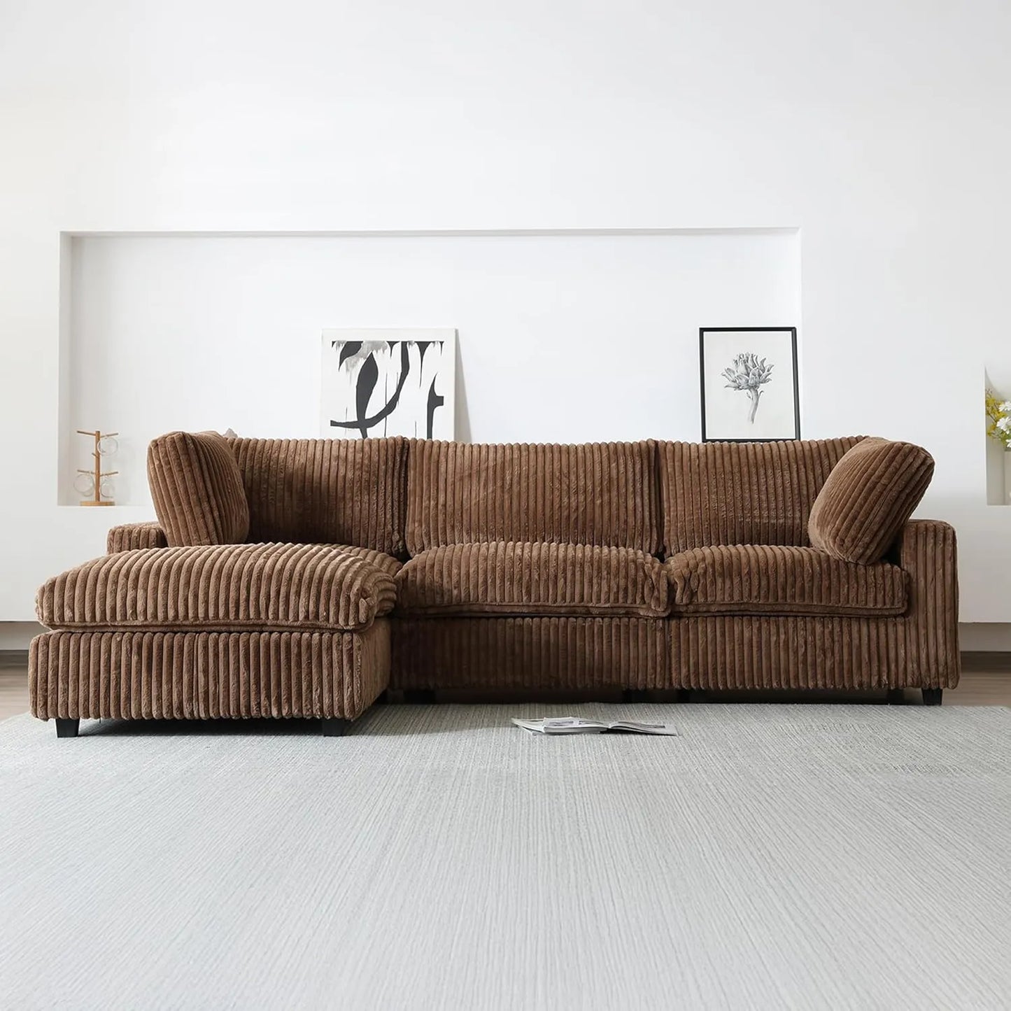 Deluxe Classic Cloud Sectional Sofas | Brown Plush Fabric Couch Sectionals 3-seaters with 1 Ottoman