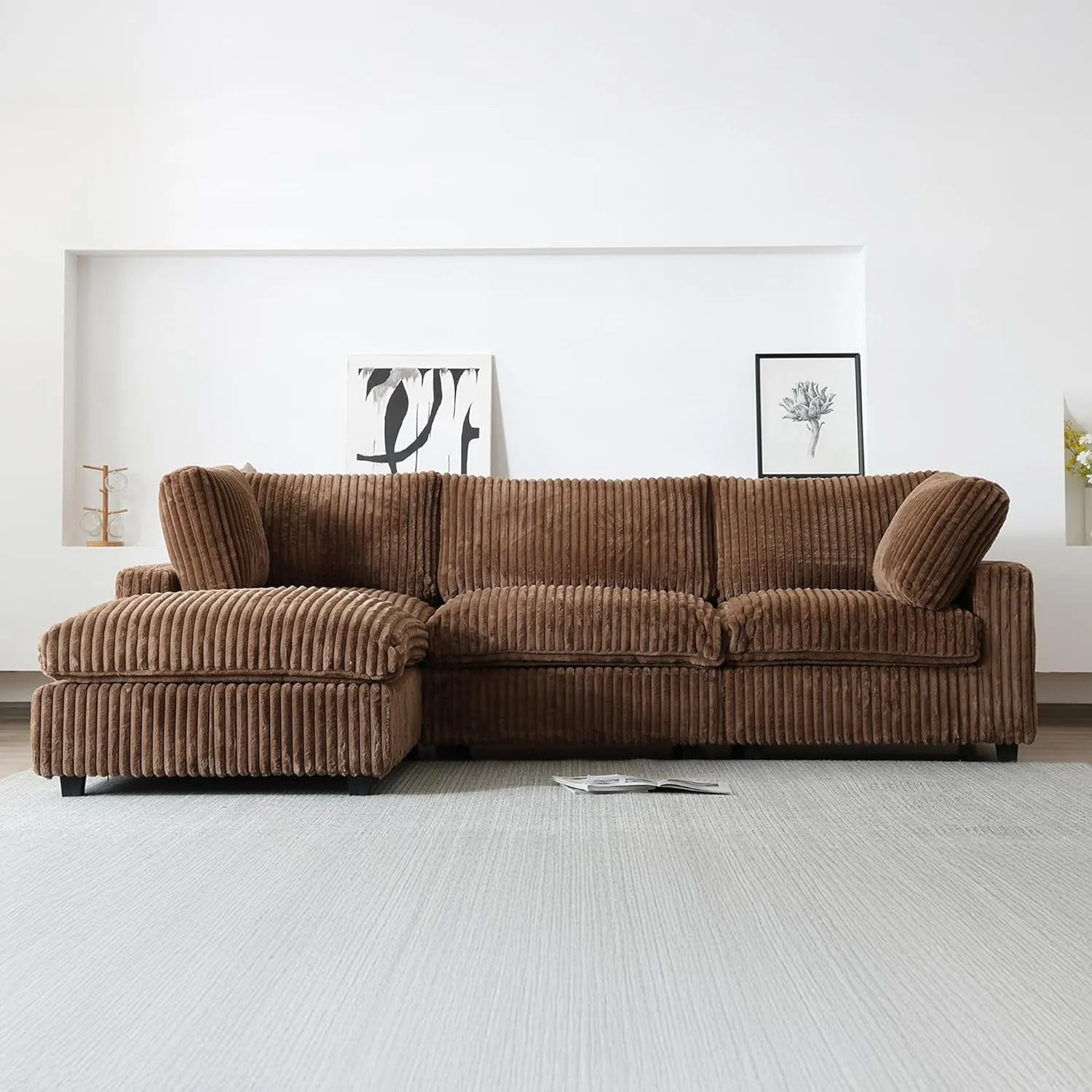Sofá modular en forma de L Deluxe Cloud de 3 plazas, color marrón, lavable | 4 piezas (incluye 1 otomana), tejido de felpa, diseño modular