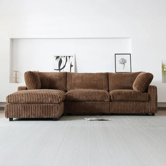 Deluxe Classic Cloud Sectional Sofas | Brown Plush Fabric Couch Sectionals 3-seaters with 1 Ottoman