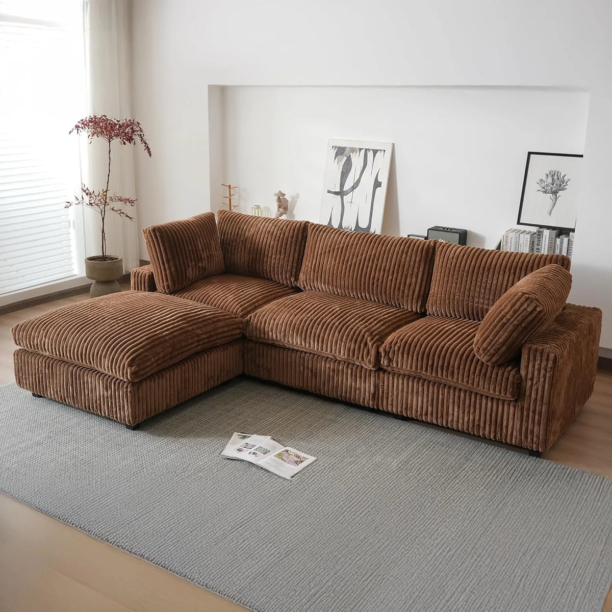 Sofá modular en forma de L Deluxe Cloud de 3 plazas, color marrón, lavable | 4 piezas (incluye 1 otomana), tejido de felpa, diseño modular