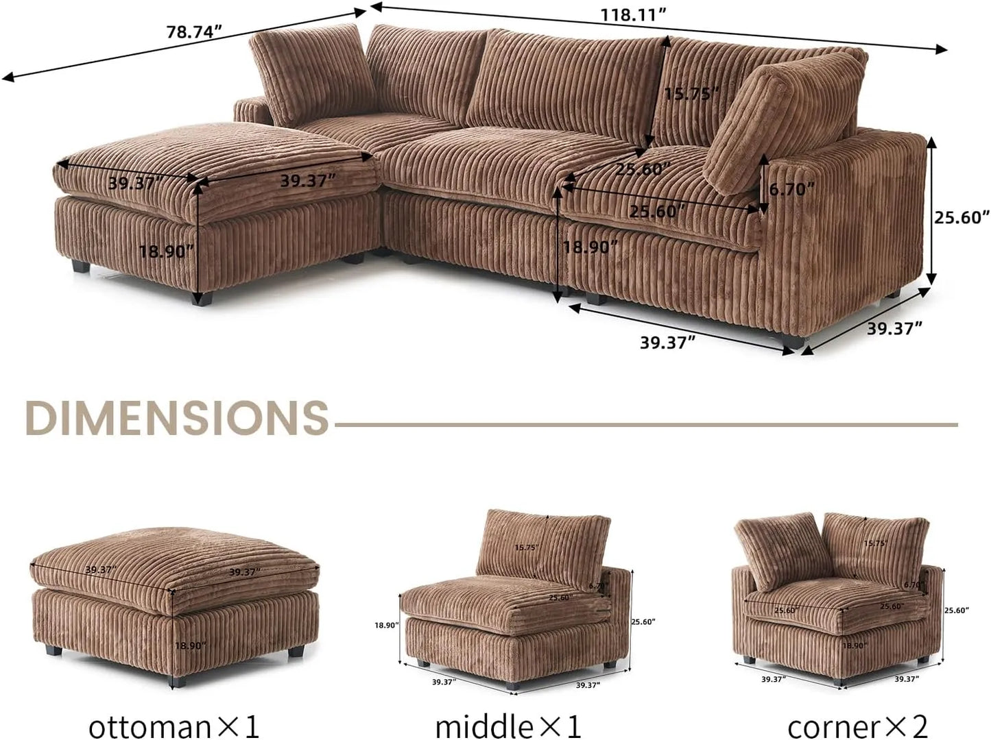 Deluxe Classic Cloud Sectional Sofas | Brown Plush Fabric Couch Sectionals 3-seaters with 1 Ottoman