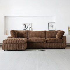 Deluxe Classic Cloud Sectional Sofas | Brown Plush Fabric Couch Sectionals 3-seaters with 1 Ottoman