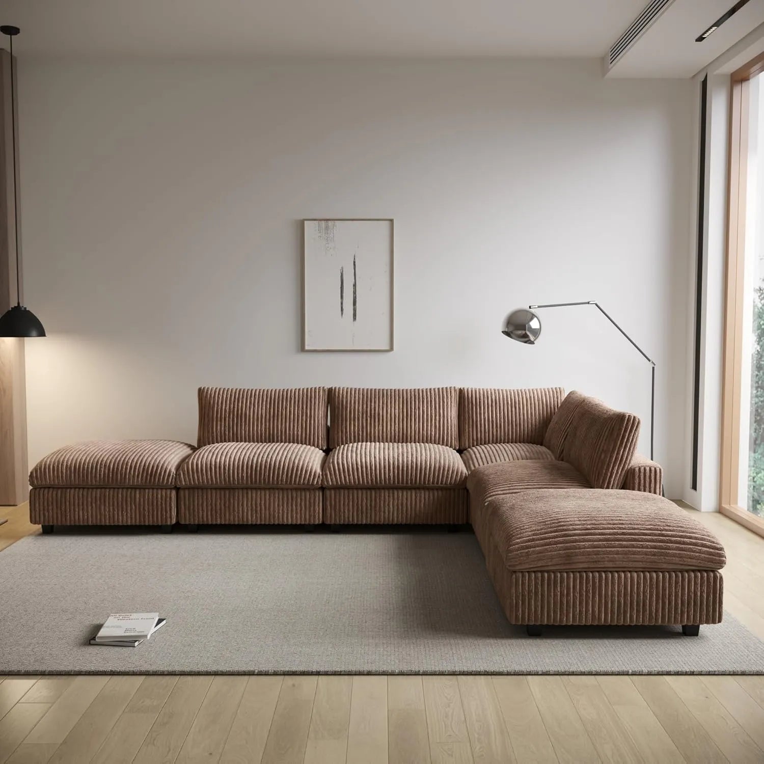 Deluxe Cloud 4-Seater Brown Washable L-Shaped Sectional | 6-Piece (includes 2 Ottomans), Plush Fabric, Modular Design