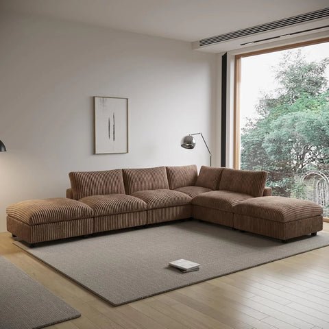 Deluxe Cloud 4-Seater Brown Washable L-Shaped Sectional | 6-Piece (includes 2 Ottomans), Plush Fabric, Modular Design