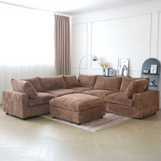 Deluxe Classic Cloud Sectional Sofas | Brown Plush Fabric U shaped Sectionals 5-seaters with 1 Ottoman