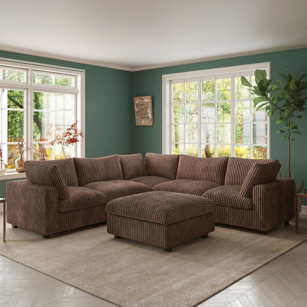 Deluxe Classic Cloud Sectional Sofas | Brown Plush Fabric U shaped Sectionals 5-seaters with 1 Ottoman