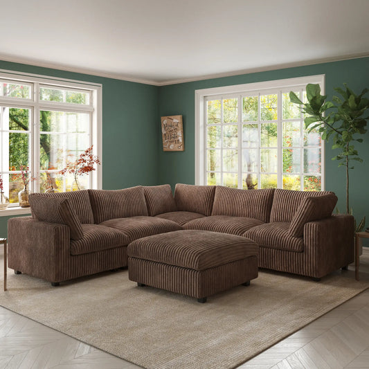 Deluxe Classic Cloud Sectional Sofas | Brown Plush Fabric U shaped Sectionals 5-seaters with 1 Ottoman