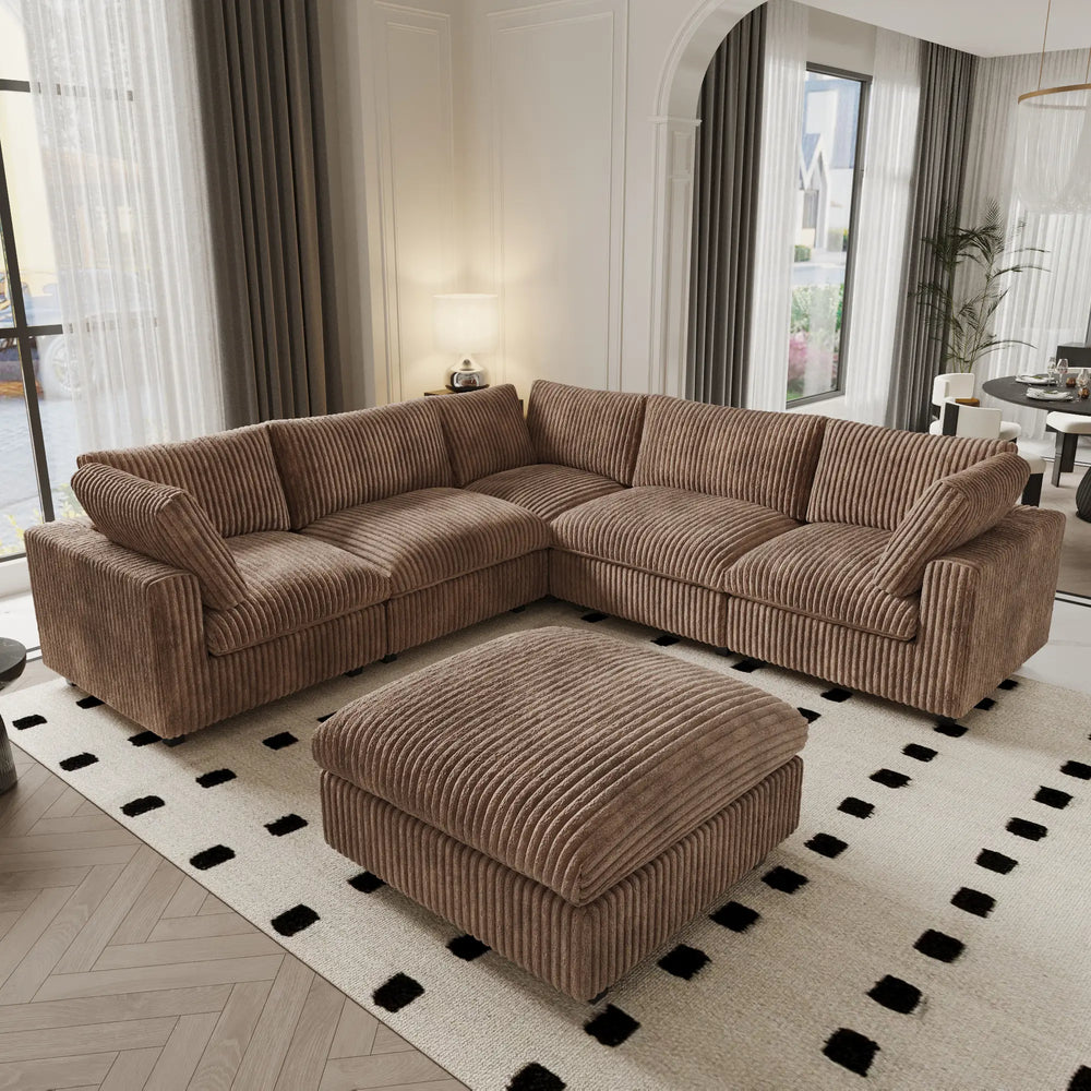 Deluxe Classic Cloud Sectional Sofas | Brown Plush Fabric U shaped Sectionals 5-seaters with 1 Ottoman