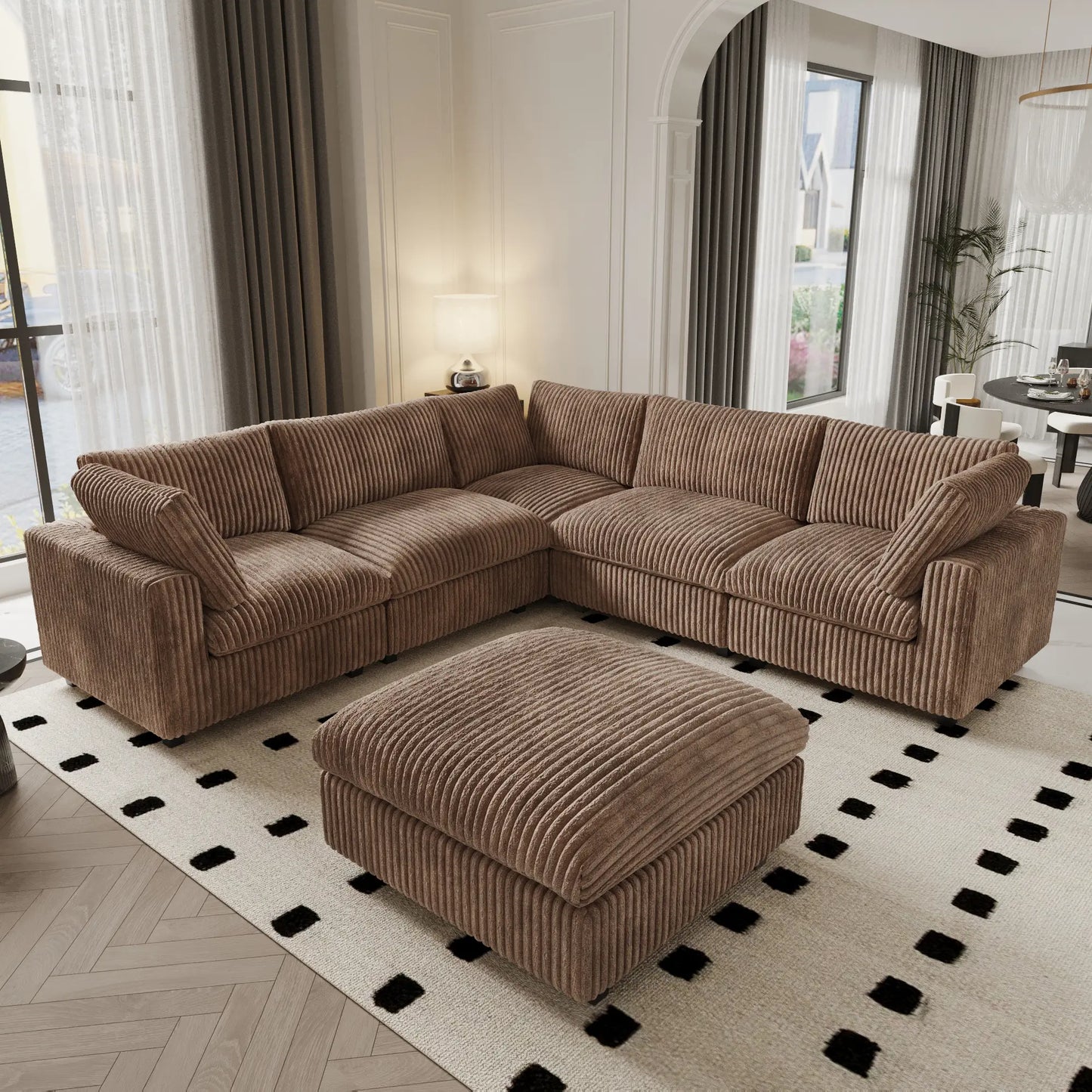 Deluxe Classic Cloud Sectional Sofas | Brown Plush Fabric U shaped Sectionals 5-seaters with 1 Ottoman
