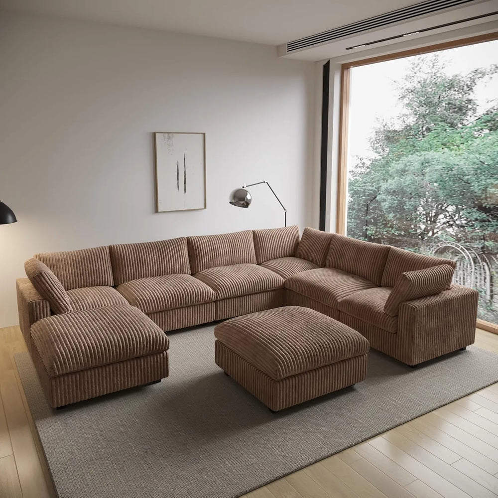 Deluxe Classic Cloud Sectional Sofas | Brown Plush Fabric U shaped Sectionals 6-seaters