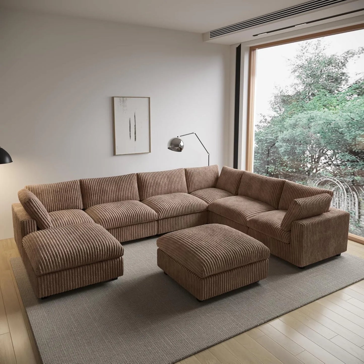 Deluxe Classic Cloud Sectional Sofas | Brown Plush Fabric U shaped Sectionals 6-seaters