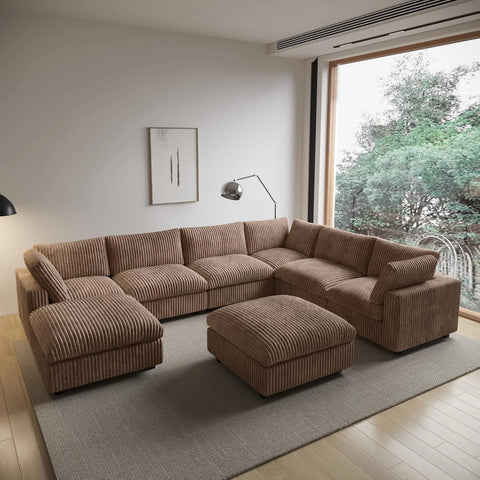 Deluxe Cloud 6-Seater Brown Washable Sofa Set | 8-Piece (includes 2 Ottomans), Plush Fabric, Modular Design