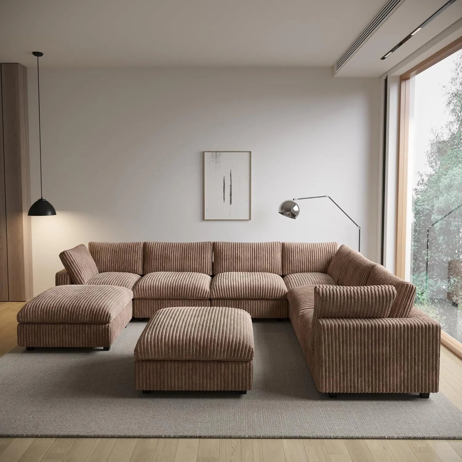 Sofá de lujo Cloud de 6 plazas, color marrón, lavable | 8 piezas (incluye 2 otomanas), tela de felpa, diseño modular