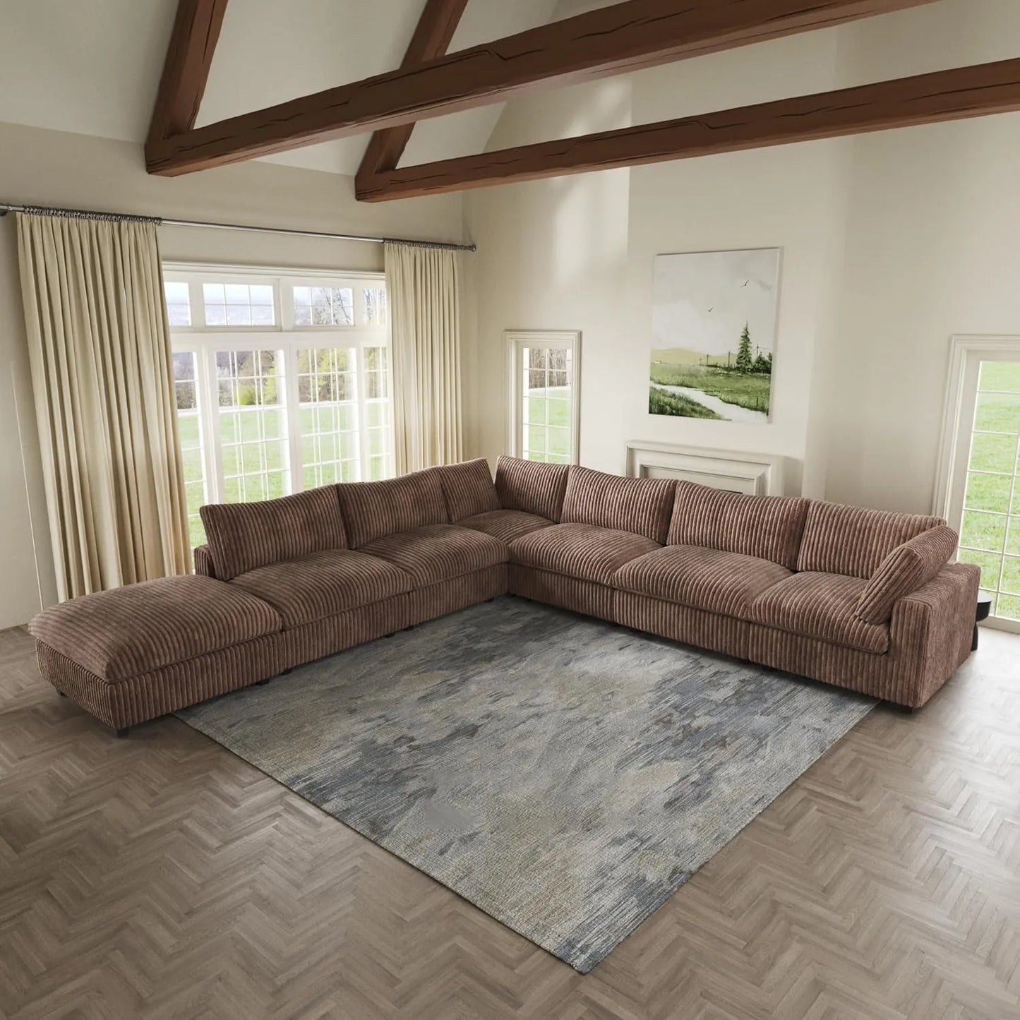Deluxe Classic Cloud Sectional Sofas | Brown Plush Fabric U shaped Sectionals 6-seaters with 1 Ottoman
