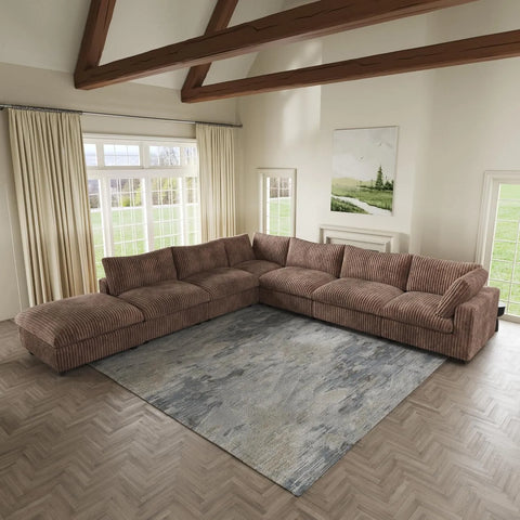 Deluxe Cloud 6-Seater Brown Washable V-Shaped Sectional | 7-Piece (includes 1 Ottoman), Plush Fabric, Modular Design