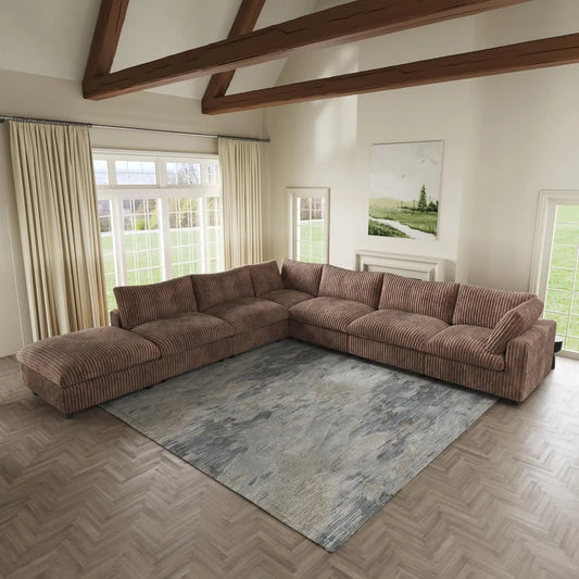 Deluxe Classic Cloud Sectional Sofas | Brown Plush Fabric U shaped Sectionals 6-seaters with 1 Ottoman
