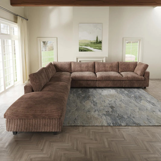 Deluxe Classic Cloud Sectional Sofas | Brown Plush Fabric U shaped Sectionals 6-seaters with 1 Ottoman