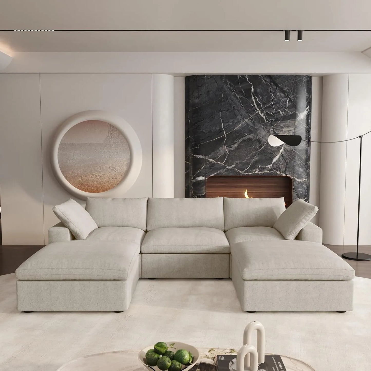 Deluxe Premium Cloud Sectional Sofas | Cotton and Linen Khaki U-shaped Sectionals 120" Removable & Washable Covers 3-seaters