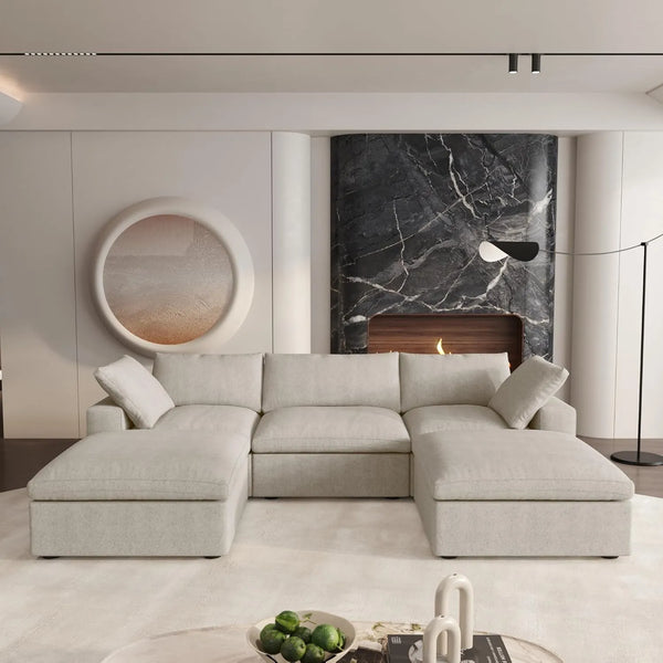 Deluxe Premium Cloud Sectional Sofas | 5-Piece Cotton and Linen Khaki U-shaped Sectionals 120" Removable & Washable Covers 3-seater