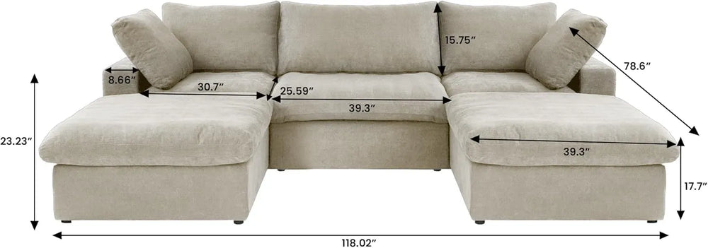 Deluxe Premium Cloud Sectional Sofas | 5-Piece Cotton and Linen Khaki U-shaped Sectionals 120" Removable & Washable Covers 3-seaters