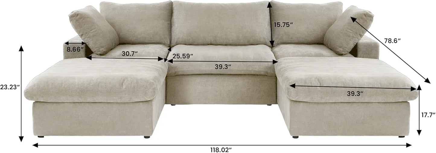 Deluxe Premium Cloud Sectional Sofas | Cotton and Linen Khaki U-shaped Sectionals 120" Removable & Washable Covers 3-seaters