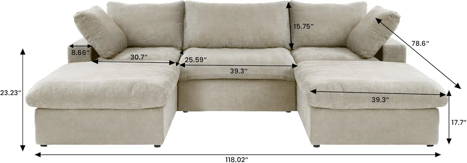 Deluxe Premium Cloud Sectional Sofas | Cotton and Linen Khaki U-shaped Sectionals 120" Removable & Washable Covers 3-seaters