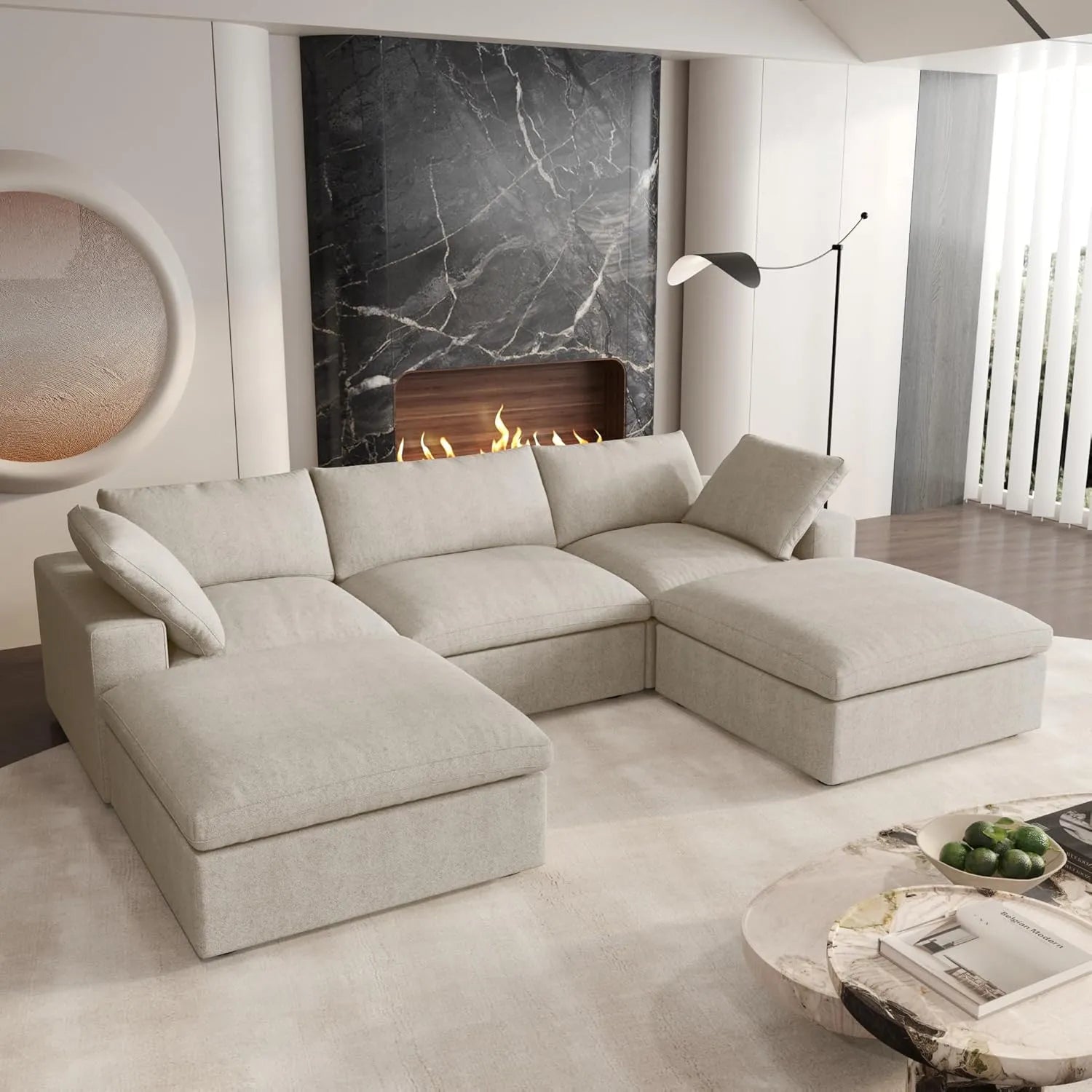 Deluxe Cloud 3-Seater Khaki Storage U-Shaped Sectional | 5-Piece (includes 2 Ottomans), Cotton and Linen Fabric, Washable Covers
