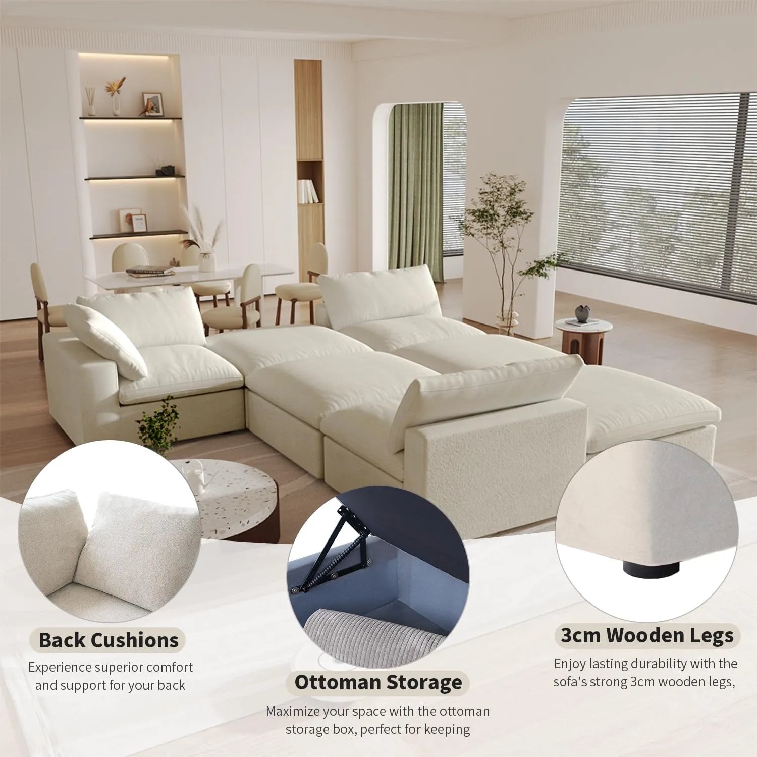 Deluxe Premium Cloud Sectional Sofas | Cotton and Linen Khaki U-shaped Sectionals 120" Removable & Washable Covers 3-seaters