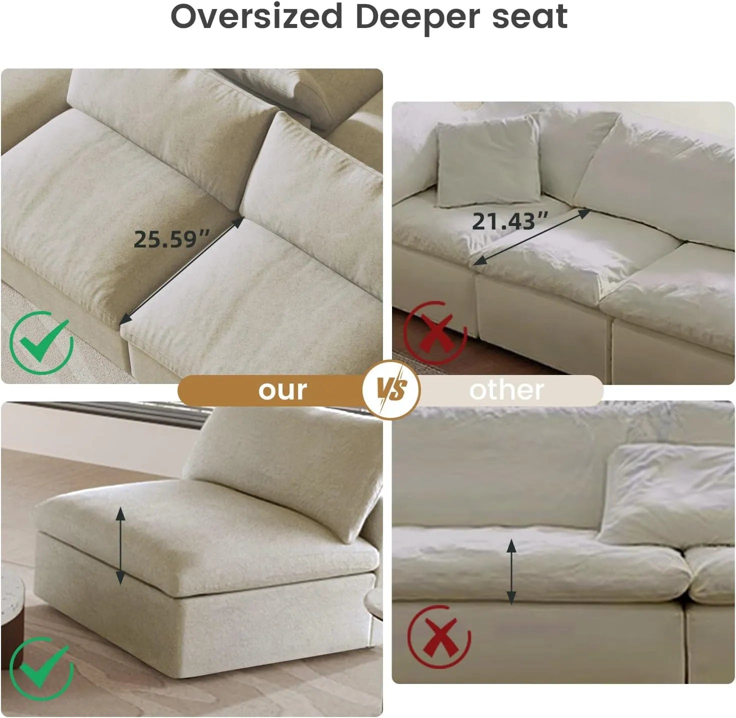 Deluxe Premium Cloud Sectional Sofas | Cotton and Linen Khaki U-shaped Sectionals 120" Removable & Washable Covers 3-seaters