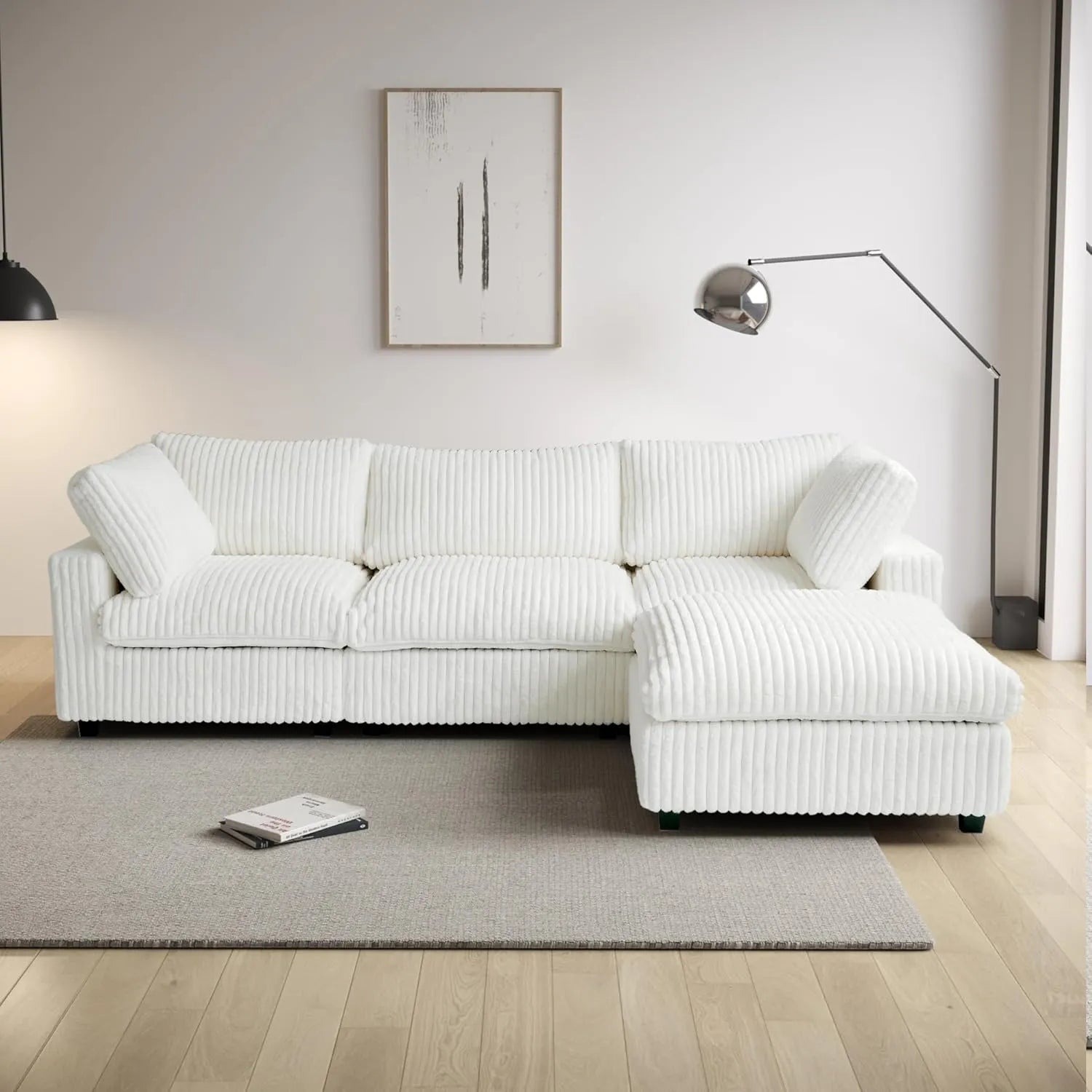 Sofá modular modular Deluxe Cloud de 3 plazas, color beige, lavable, en forma de L | 4 piezas (incluye 1 otomana), tejido de felpa, diseño modular