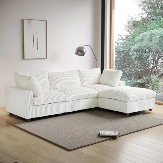 Deluxe Classic Cloud Sectional Sofas | Beige Plush Fabric Couch Sectionals 3-seaters with 1 Ottoman