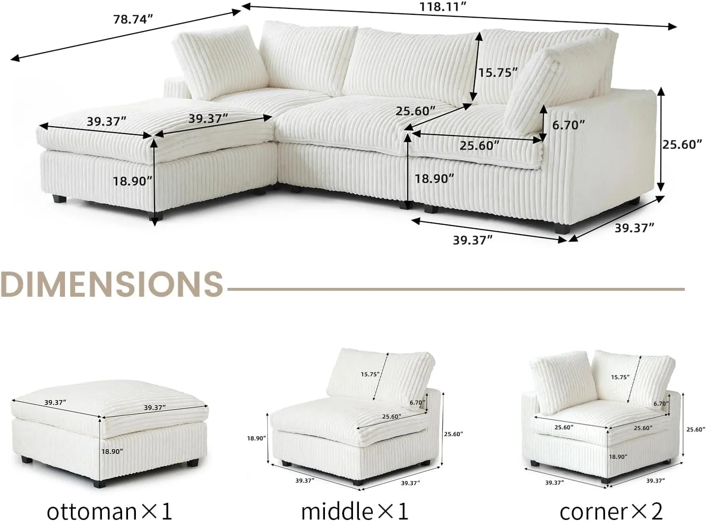 Sofá modular modular Deluxe Cloud de 3 plazas, color beige, lavable, en forma de L | 4 piezas (incluye 1 otomana), tejido de felpa, diseño modular