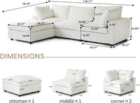 Deluxe Classic Cloud Sectional Sofas | Beige Plush Fabric Couch Sectionals 3-seaters with 1 Ottoman