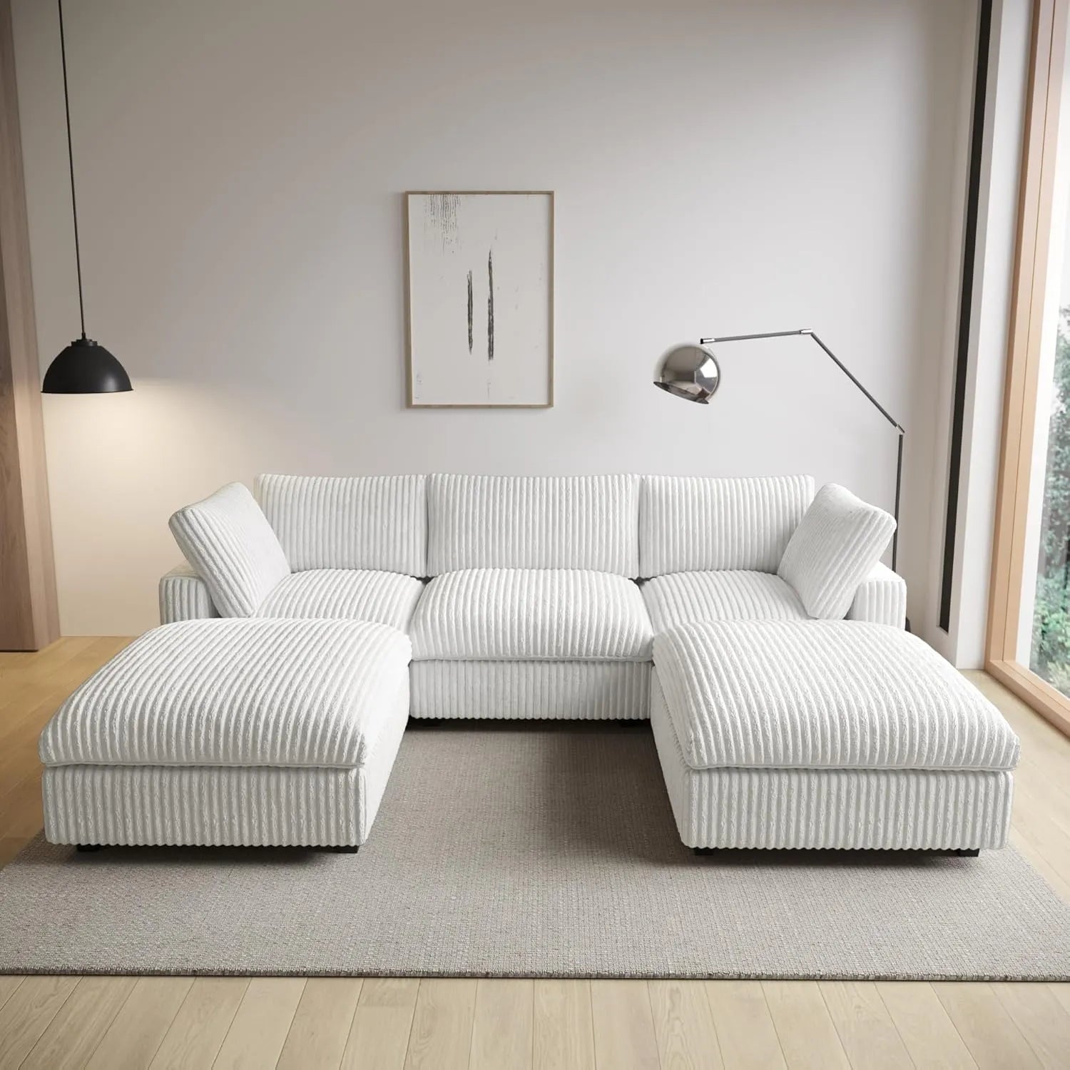 Sofá modular modular Deluxe Cloud de 3 plazas, color beige, lavable, en forma de U | 5 piezas (incluye 2 otomanas), tejido de felpa, diseño modular