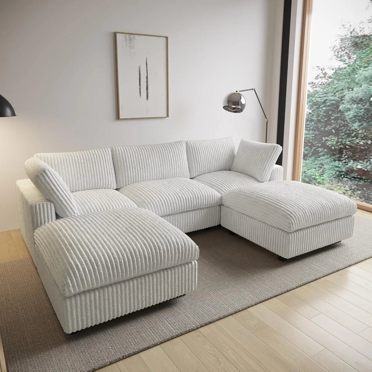 Deluxe Cloud 3-Seater Beige Washable U-Shaped Sectional | 5-Piece (includes 2 Ottomans), Plush Fabric, Modular Design