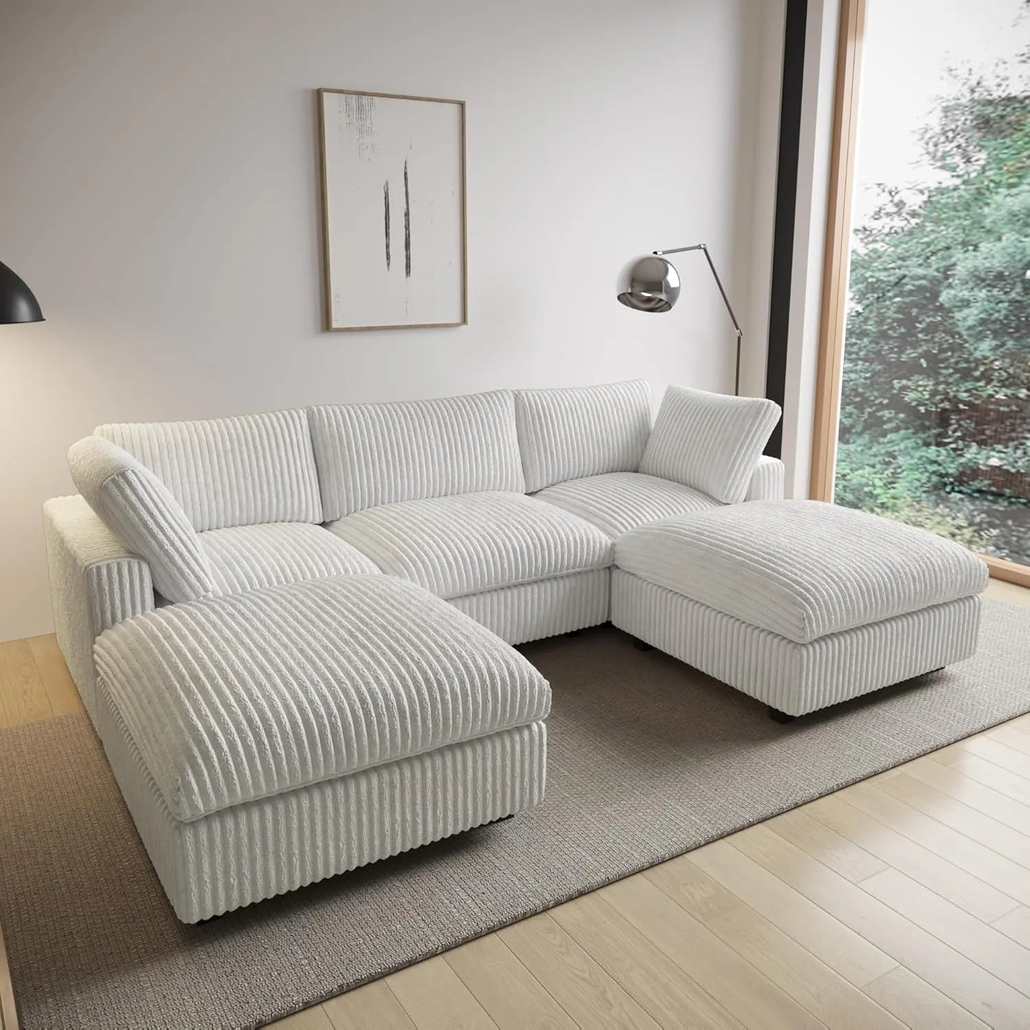 Sofá modular modular Deluxe Cloud de 3 plazas, color beige, lavable, en forma de U | 5 piezas (incluye 2 otomanas), tejido de felpa, diseño modular
