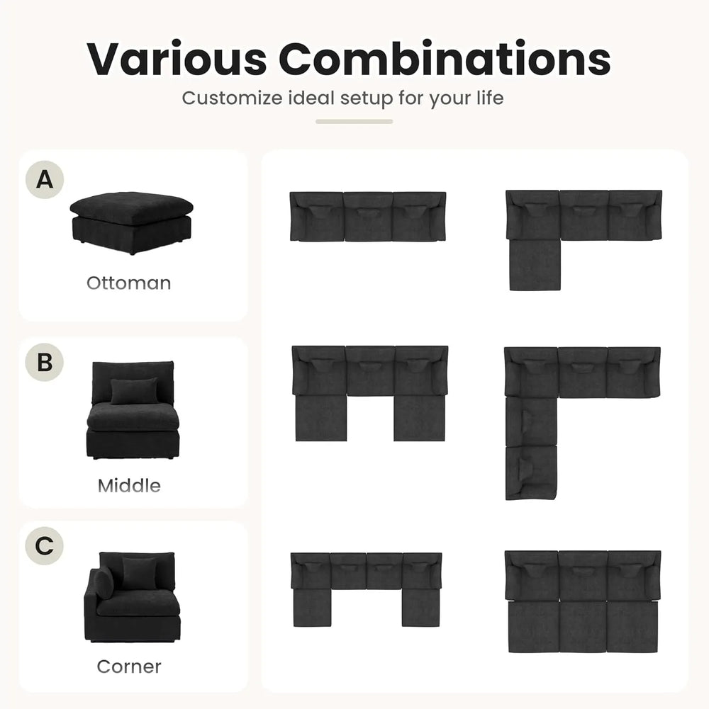 Deluxe Slope Cloud Sectional Sofas | Black Linen Couch Sectionals 3-seaters